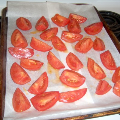 Oven Dried Tomatoes laid out prior to roasting